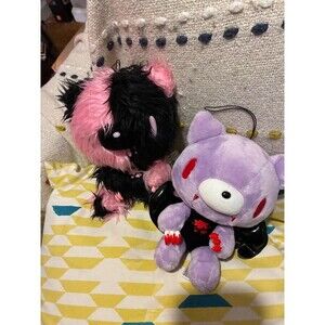 2x Gloomy Bear Black Pink Gloomy Bear Fur Vampire Bat Plushies 7"H